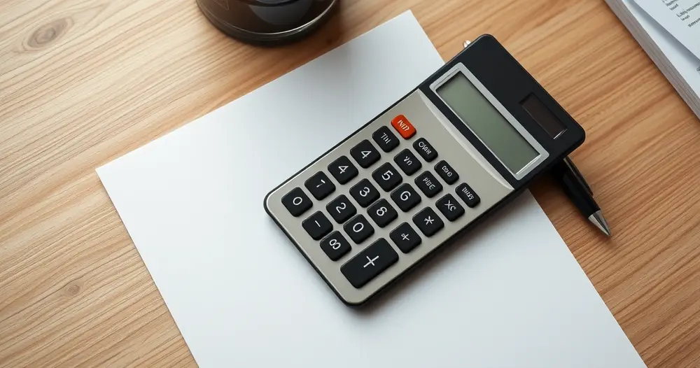 Calculadora ao lado de uma folha em branco e caneta sobre mesa de trabalho